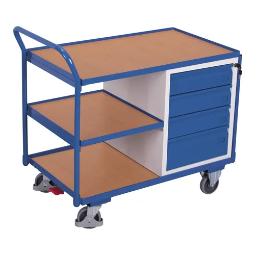 VARIOfit Werkstattwagen mit 3 Ladeflächen und 4 Schubladen - Robuster Werkstattwagen aus Stahlrohr, ideal für Werkstätten. Mit 4 verschließbaren Schubladen und einer Traglast von bis zu 250 kg, bietet er viel Stauraum und Flexibilität.