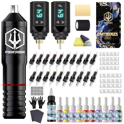 POSEIDON Tattoo Pen Set Kabellos, Tattoo Maschine Komplettset für Anfänger | inkl. 20 sterilisierte Cartridge-Nadeln, Farben, Übungshaut, 2 Akkus mit USB-C, 9 Spannungsstufen (4-12 V)