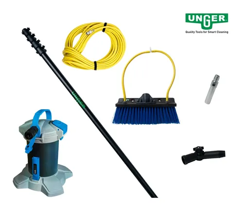 Unger AK160P HighFlow Reinwasser-Komplettset 6 m für Glasreinigung - Komplettset zur effektiven Glasreinigung mit 100 % reinem Wasser. Inklusive 6 m Teleskopstange, TDS-Meter und verstellbarem Winkeladapter für müheloses Arbeiten in der Höhe.