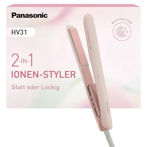 Panasonic EH-HV31-P503 2-in-1 Ionisches Haar-Styling-Gerät, Haarglätter und Lockenstab, 5 Hitzestufen bis 210°C, 3D-Platten, Reisesperre, Auto-Spannung, Erdbeerrosa