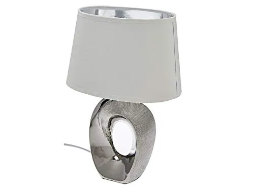 meineWunschleuchte Große Tischleuchte mit ovalem Stoffschirm Weiß-Silber, Höhe 52cm