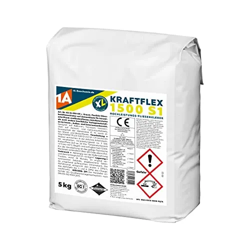 1A KRAFTFLEX 1500 S1, Hochleistungs-Fliesenkleber, Innen-, Außen & Unterwasserbereich, Dünnbettfliesenkleber. grau, 5 kg