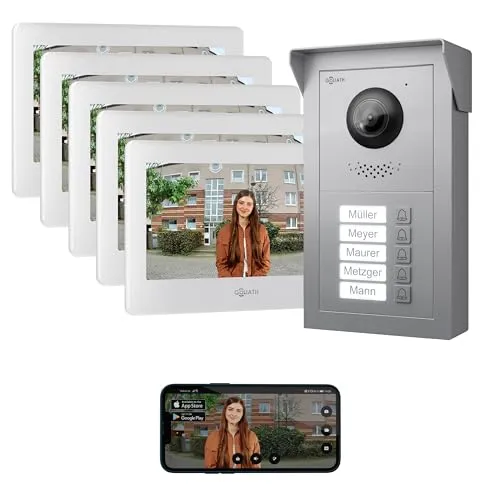 Goliath Basic Line 5-Familienhaus Video Türsprechanlage mit Monitor - Moderne 2-Draht BUS Türsprechanlage für Mehrfamilienhäuser, FullHD und App-Anbindung. Einfache Installation und erweiterbar für optimale Sicherheit und Kommunikation.