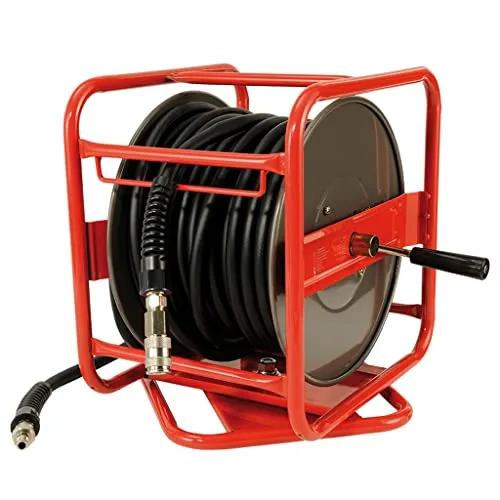 HM Müllner Druckluft-Schlauchtrommel - 30 m - 15 bar - Druckluftzubehör mit 30 m hochflexiblem PVC-Hybrid-Schlauch, ideal für Werkstätten. Robuste Metallausführung mit Drehplatte für schnelles Aufrollen.