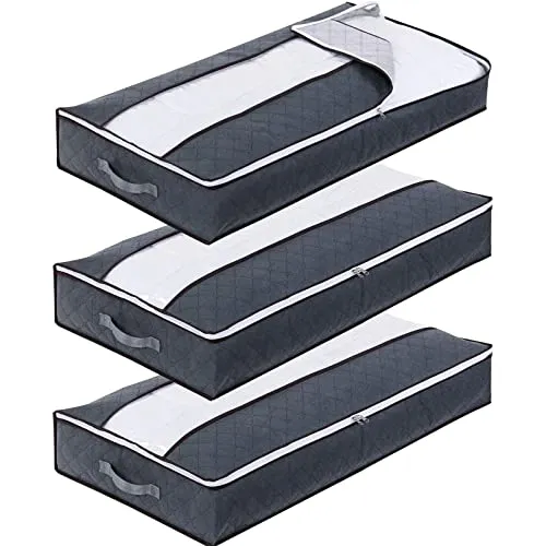 Withosent 3 Stück Unterbettkommode 90L, Unterbett Aufbewahrungsbox Vliesstoff Faltbare Aufbewahrungstasche Kleideraufbewahrung mit Klarem Fenster für Bettdecken Kleidung Bettzeug Decken Kissen