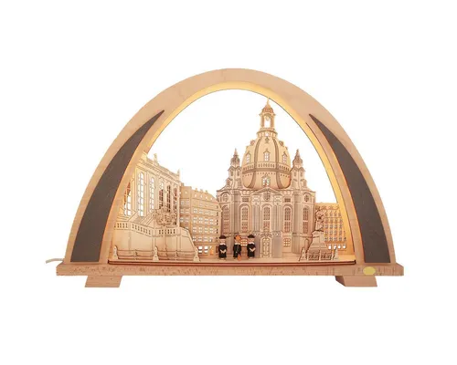 Tietze Erzgebirgsdesign Lichterbogen - Schwibbogen Frauenkirche - Schwibbogen aus Holz, handgefertigt mit LED-Beleuchtung. Höhe 32,5 cm, Breite 52 cm – ideal für festliche Stimmung in jedem Zuhause.