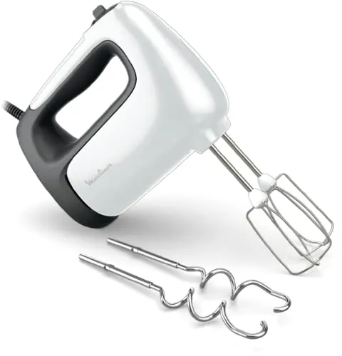 Moulinex Elektrischer Handmixer, 500 W, 5 Geschwindigkeitsstufen, Turbo-Einstellung, 2 Schneebesen + 2 Knethaken aus Edelstahl, ideal für leichte und dicke Zubereitungen, Prep'Mix+ HM460110