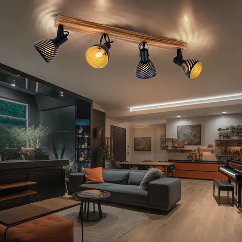 Braun Goldfarbene Deckenlampe mit 4 Flammigen Spots - Moderne Deckenlampe aus Holz und Metall, 4 bewegliche Spots für individuelle Lichtgestaltung, ideal für Wohnzimmer, Maße: 80x12,5x25 cm.