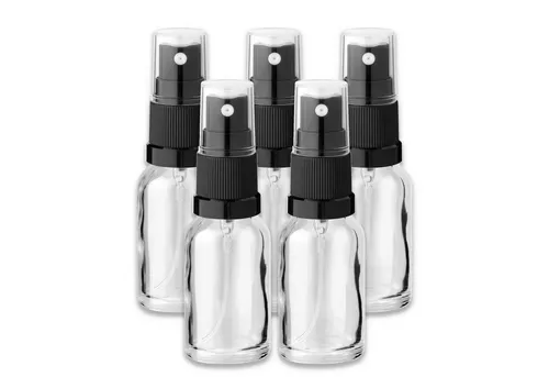 CK Verpackung GmbH Zerstäuberflasche 5x Glasflasche klar 15 ml mit schwarzem Zerstäuber Sprükopf Pumpspray