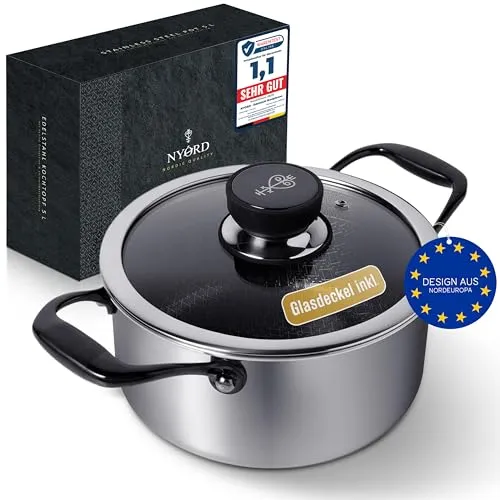 NYORD Edelstahltopf - Antihaft, Kratzfest, Kochtopf Wabenstruktur, Spülmaschinenfest, Hybrid Topf, Keramik Beschichtung, PTFE & PFOA frei, Ofenfest, für Induktion, Gas & Ceran, mit Deckel - 24 cm, 5l