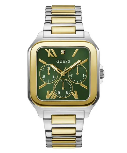 Guess Multifunktionsuhr Integrity - Elegante Armbanduhr mit grünem Zifferblatt und multifunktionalem Display. Edelstahlarmband in Silber und Gold, ideal für modebewusste Träger.