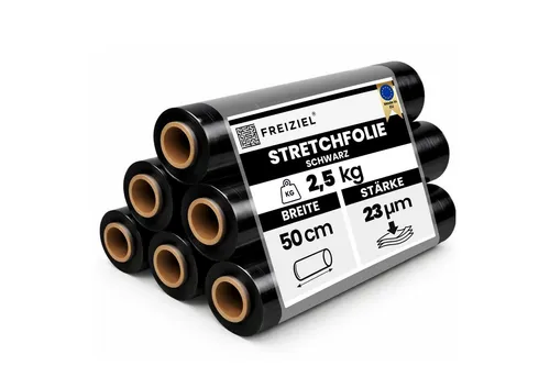 Stretchfolie 50cm - 6 x 2,5kg Rollen schwarz - Folien: 6 x hochwertige Stretchfolie, ideal zum sicheren Einwickeln von Palettenware mit hoher Reißdehnung von ca. 180% und perfekter Stabilität für gleichmäßige Ladungen.
