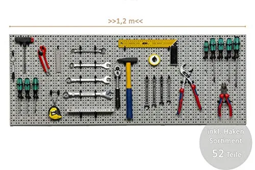 Kreher XXL Werkzeugwand mit Haken Sortiment - Werkzeugwände für effiziente Ordnung in Ihrer Werkstatt. Robuste Metallkonstruktion mit 52 Haken für vielseitige Aufbewahrung. Maße: 120 x 46 cm.
