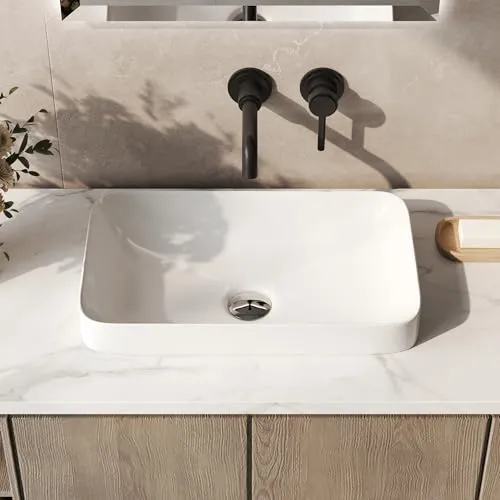 DeerValley Aufsatzwaschbecken Rechteckig 49x30cm Weiß Keramik Waschbecken Badezimmer Halbeinbau Waschbecken Bad Ohne Hahnloch Mit Standardabfluss 44,5 mm Ideal für Waschtisch und Badezimmerdeko