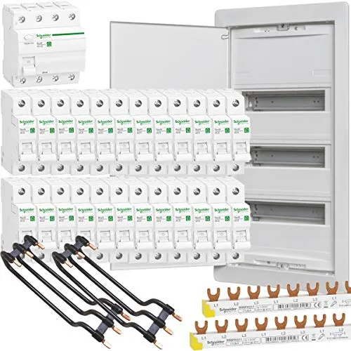WITTKOWARE Unterputz-Verteilungsset, Kleinverteiler 3-reihig, FI-Schalter 40A/0,03A, 24x LS-Schalter B16A, Phasenschiene, Verdrahtungssatz