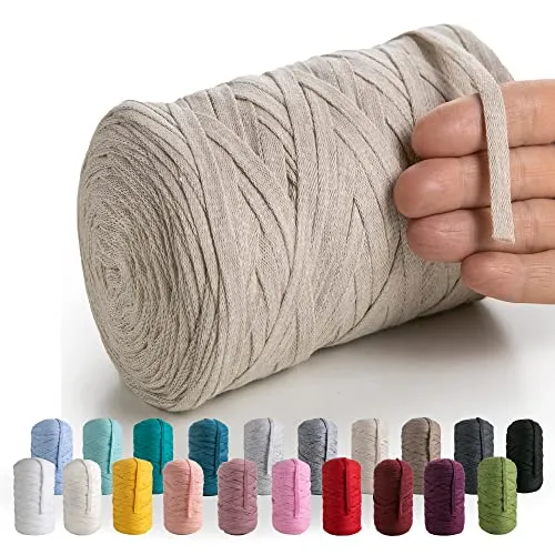 MeriWoolArt® Baumwollgarn Band Beige - 10mm T-Shirt Band Garn für Stricken, Makramee, Häkeln, Weben, Geschenkband - 150 m Baumwollband (Sand)