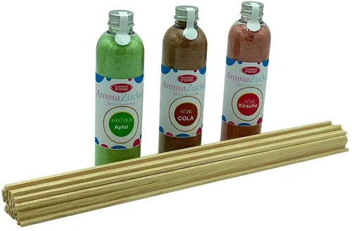 Zucker für Zuckerwatte 3x230g Apfel, Cola, Kirsche inklusive 50 Zuckerwattestäbe