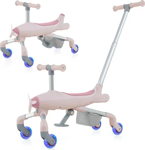 COSTWAY Dreirad mit Schubstange, 2 in 1 Schiebeauto & Rutschauto Laufrad bis 50kg mit LED Rädern Flugzeugoptik für Kleinkind 18M+ Rosa