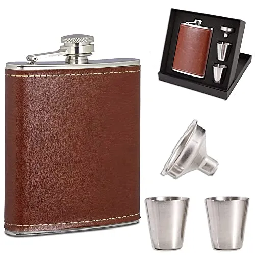 Flachmann, Tragbarer Flachmann aus Metall, 8oz Edelstahl Schnapsflasche, Outdoor Flachmann Trinkbecher Set, Edelstahl Flachmann und Trichter, Trichter und Geschenkbox (Braun)