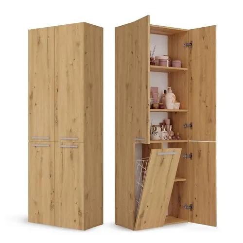 Badschrank mit Wäschekorb ATSO 1 – Artisan-Eiche - Badezimmerschrank mit praktischem Wäschekorb, 5 Regalen und schickem Design in Artisan-Eiche für optimale Raumnutzung und Ordnung im Bad.