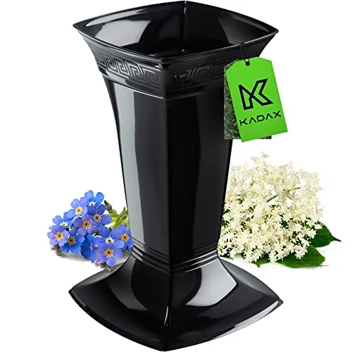 KADAX Grabvase mit Sockel, Friedhofsvase aus Kunststoff, Blumenvase für Grabstein, Grabdekoration, Grabschmuck, Grabsteckvase, Standvase für das Grab (Schwarz/Niedrig)