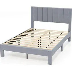 COSTWAY Bettgestell für 200x140cm Matratze, gepolstertes Doppelbettgestell, Plattformbett mit Kopfteil, Lattenrost & Fußpolster, Grau, Modell I, M - Grau