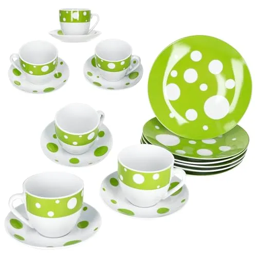 MamboCat Kaffeeservice Pula 18tlg - Kaffeeservice für 6 Personen aus hochwertigem Porzellan, in elegantem Grün mit stilvollen Punkten – ideal für besondere Anlässe und tägliche Kaffeepausen.