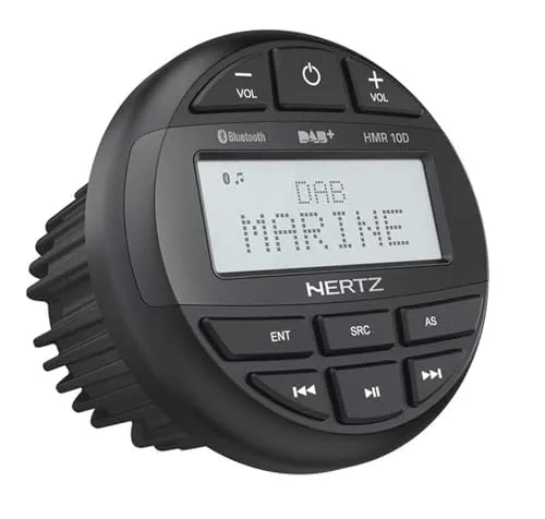 Hertz HMR 10 D – Hochleistungs Marine-Audioquelle - Autoradio mit DAB+-Tuner, USB und Bluetooth, ideal für Hochleistungs-Audiosysteme auf dem Wasser. Genießen Sie kristallklaren Sound und einfache Bedienung mit einem 2,8 Zoll Dot Matrix Display.