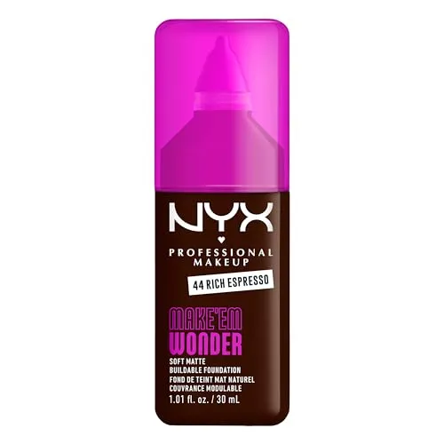 NYX Professional Makeup Make 'Em Wonder Foundation, 24H Soft Matte Aufbaubare Foundation, Mit hoher Deckkraft, Mattes Finish, 44 Rich Espresso
