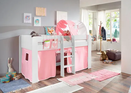 Relita Hochbett Andi mit Rolllattenrost und Textil-Set - Kinderzimmermöbel mit Rundum-Absturzschutz und abgerundeten Bettseiten, inklusive waschbarem Textil-Set für mehr Sicherheit und Spielspaß.