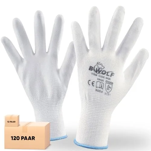 BWOLF Penguin Arbeitshandschuhe Herren/Arbeitshandschuhe Damen Handschuhe, rutschfeste Montagehandschuhe Nahtlos für Reparaturen, Feinarbeiten, Automobilindustrie, Autoservice (10 (12 Paar), Weiß)
