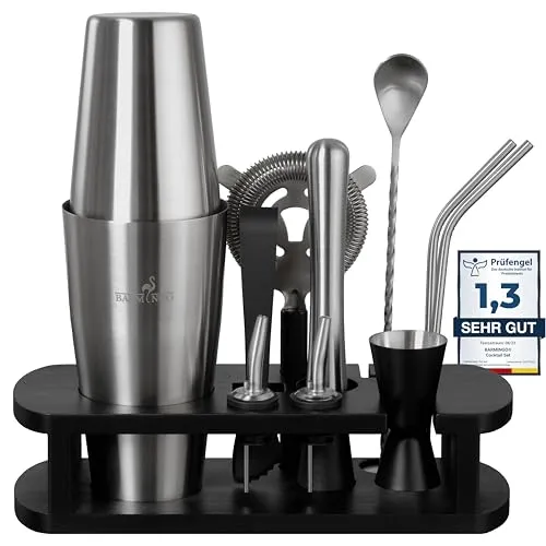 BARMINGO Edelstahl Cocktail Set 11tlg – Boston Shaker Set mit Ständer - Cocktail-Sets mit 825ml Boston Shaker und hochwertigem Zubehör, perfekt für kreative Cocktails und ein stilvolles Bar-Erlebnis.