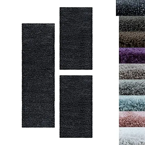 SIMPEX Bettumrandung Schlafzimmer 3teilig Shaggy Hochflor Teppich Anthrazit Bettset: 2 mal 60x110 + 1 mal 80x150 - Schlafzimmer Teppich 3 Teilig Läufer Extra Weich Flauschig Bettvorleger Läuferset