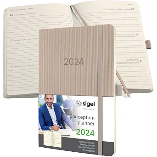 SIGEL C2430 Terminplaner Wochenkalender 2024, ca. A5, taupe, Softcover, 192 Seiten, Gummiband, Stiftschlaufe, Archivtasche, PEFC-zertifiziert, Conceptum