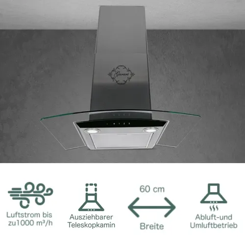 Haube 60cm Gurari GCH T 465 IS Dunstabzugshaube 1000m³/h Halbrund Edelstahl Glas