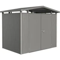 Biohort Metall-Gerätehaus Panorama Quarzgrau 4,6 m² - Platzsparende Aufbewahrung - Gerätehäuser: Robustes Metall-Gerätehaus mit 4,6 m² für die sichere Aufbewahrung von Fahrrädern und Gartenmöbeln, wetterfest und mit großzügigem Eingang.