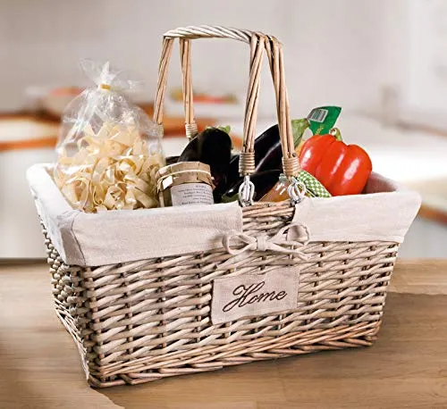 Dekoleidenschaft Einkaufskorb „Home“ mit umlegbaren Henkeln, aus Weide geflochten, grau, stapelbar, Vintage Picknickkorb, Weidenkorb, Tragekorb mit Stoffeinsatz