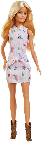 Barbie FXL52 - Fashionistas Puppe im Blumenkleid und Cowboystiefeln, Spielzeug a