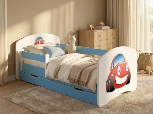 Juniorbett 144x82 cm Happy inkl. Bettkasten – Kinderbett mit Rausfallschutz in Blau
