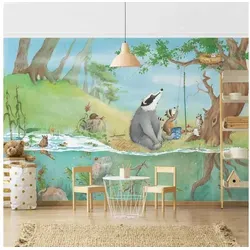 Bilderdepot24 Kindertapete Kinderzimmer Wassili Waschbär Elsa Wald Baum Eule Kinder Wanddeko, Glatt, Matt, (Vliestapete inkl. Kleister oder selbstklebend), Mädchenzimmer Jungenzimmer Babyzimmer Bildtapete Fototapete Wandtapete grün 2.88 m x 1.9 m