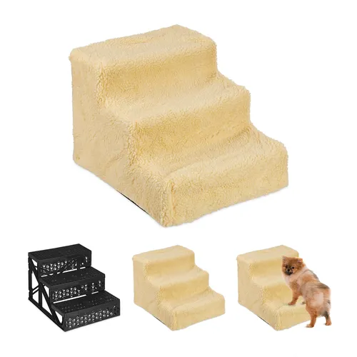 relaxdays Haustiertreppe Hundetreppe 3 Stufen, Beige - Tiertreppen für Hunde und Katzen, gelenk- und rückenschonend. Ideal für alte oder kranke Tiere, erleichtert den Aufstieg auf Sofa oder Bett.
