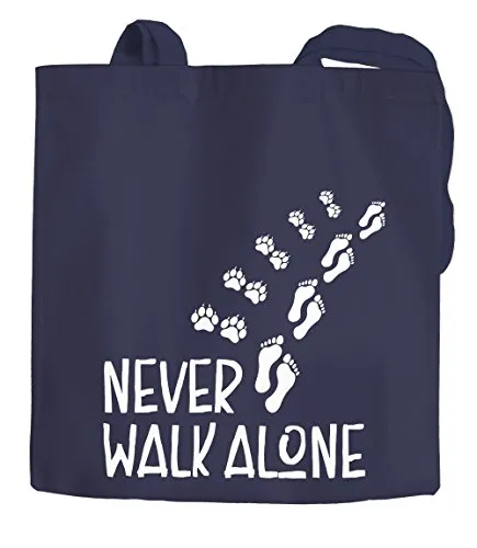 MoonWorks Jutebeutel Never walk alone Hund Pfoten Hundepfoten Pfotenabdrücke Hundebesitzer Baumwolltasche Stoffbeutel Tragetasche navy 2 lange Henkel
