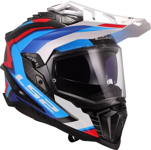 LS2 Motocross-Helm Explorer Carbon Frontier II Gloss White Blue, XL - Motorradhelm aus Kohlefaser, extrem leicht und langlebig (+/- 1450 g), ideal für anspruchsvolle Fahrer mit hypoallergenem, waschbarem Innenraum und umfassender Belüftung.
