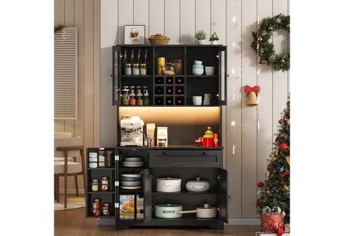 Okwish Buffetschrank Schwarz, 105x180x40 cm, modernes Küchenschrank-Design mit LED-Beleuchtung