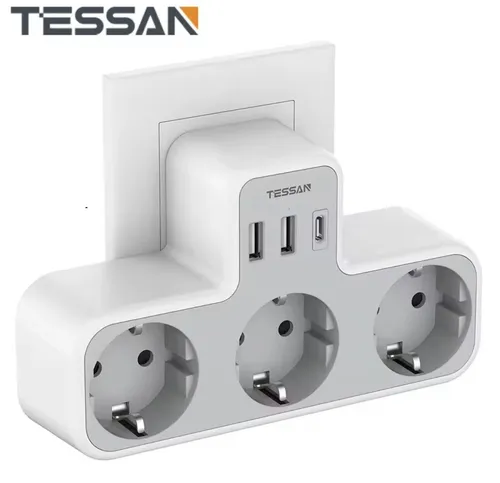Produktbild TESSAN Steckdosenadapter mit USB Ladefunktion, 3x Schutzkontakt, 2x USB-A, 1x USB-C