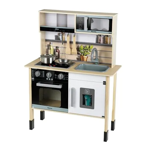 Theo Klein Spielküche Miele 7186 - Holzspielzeug für kleine Köche - Moderne Kinderküche aus hochwertigem Holz (MDF) im Miele-Design mit Licht- und Soundmodul. Die höhenverstellbaren Füße und edles Kochgeschirr sorgen für langanhaltenden Spielspaß. Ideal für kreative Kochabenteuer!