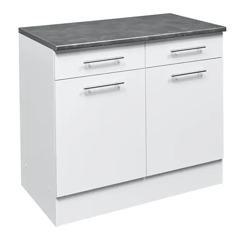 Eddy Moderner Küchenunterschrank in Weiß matt, Metallic Grau - Küchenunterschrank mit 2 großen Fächern und 2 Schubladen für optimale Aufbewahrung. Modernes Design mit Edelstahlgriffen, leicht zu montieren und ideal für jede Küche.