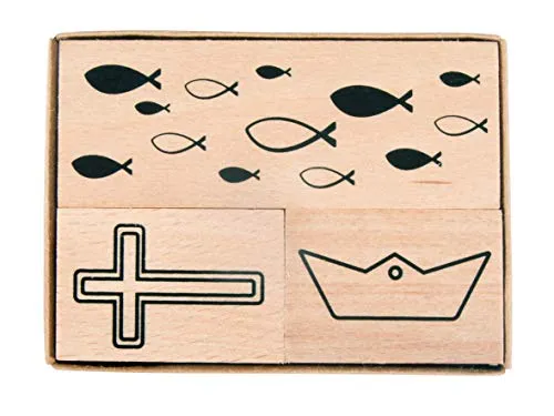 Rayher 29199000 Holzstempelset Konfirmation/Kommunion, Stempelset 3teilig, zum Verzieren von Karten, Etiketten, Geschenken, Scrapbooking, Anhängern u.v.m.