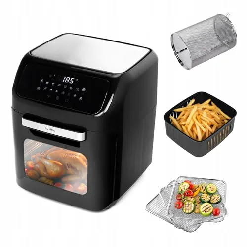 Huslog Airfryer Heißluftfritteuse 12L 1800W, Touchscreen, XXL, Zubehör, Fritteuse ohne Öl, Digital Screen, Programme, Kochfenster, Leicht zu reinigen, Schnelleres Kochen, Schwarz