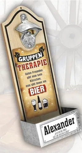 Wandflaschenöffner PERSONALISIERBAR - Gruppen Therapie Bier - Mit Name und Spruch individualisierbar Flaschenöffner für die Wand | Bieröffner mit Auffangbehälter für Kronkorken im Retro Vintage-Design